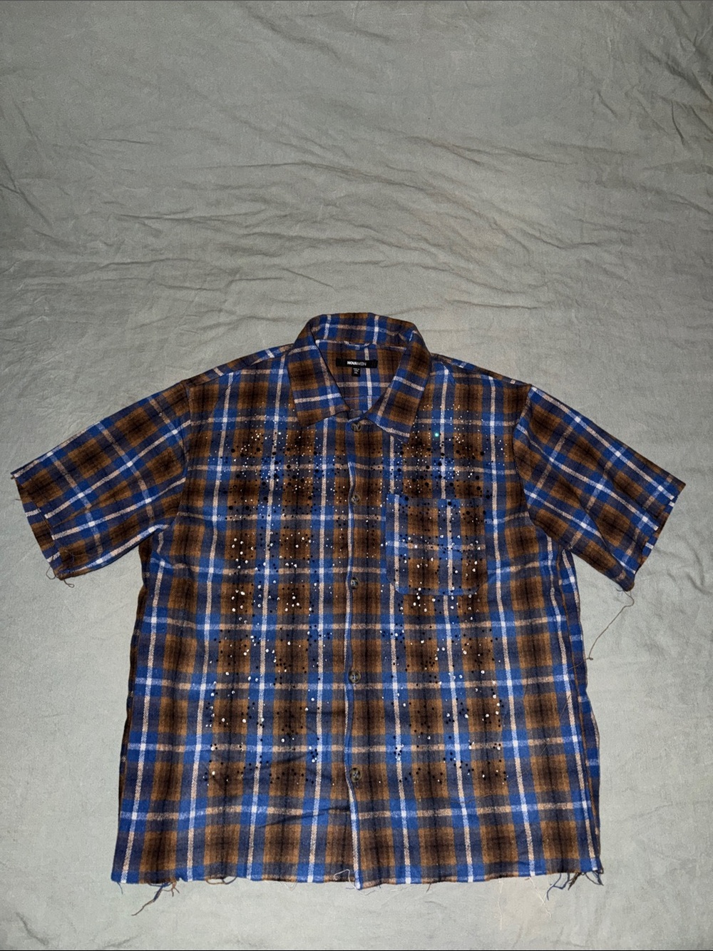 NovaMen Brown and Blue Plaid Short-Sleeve Bedazzled Shirt